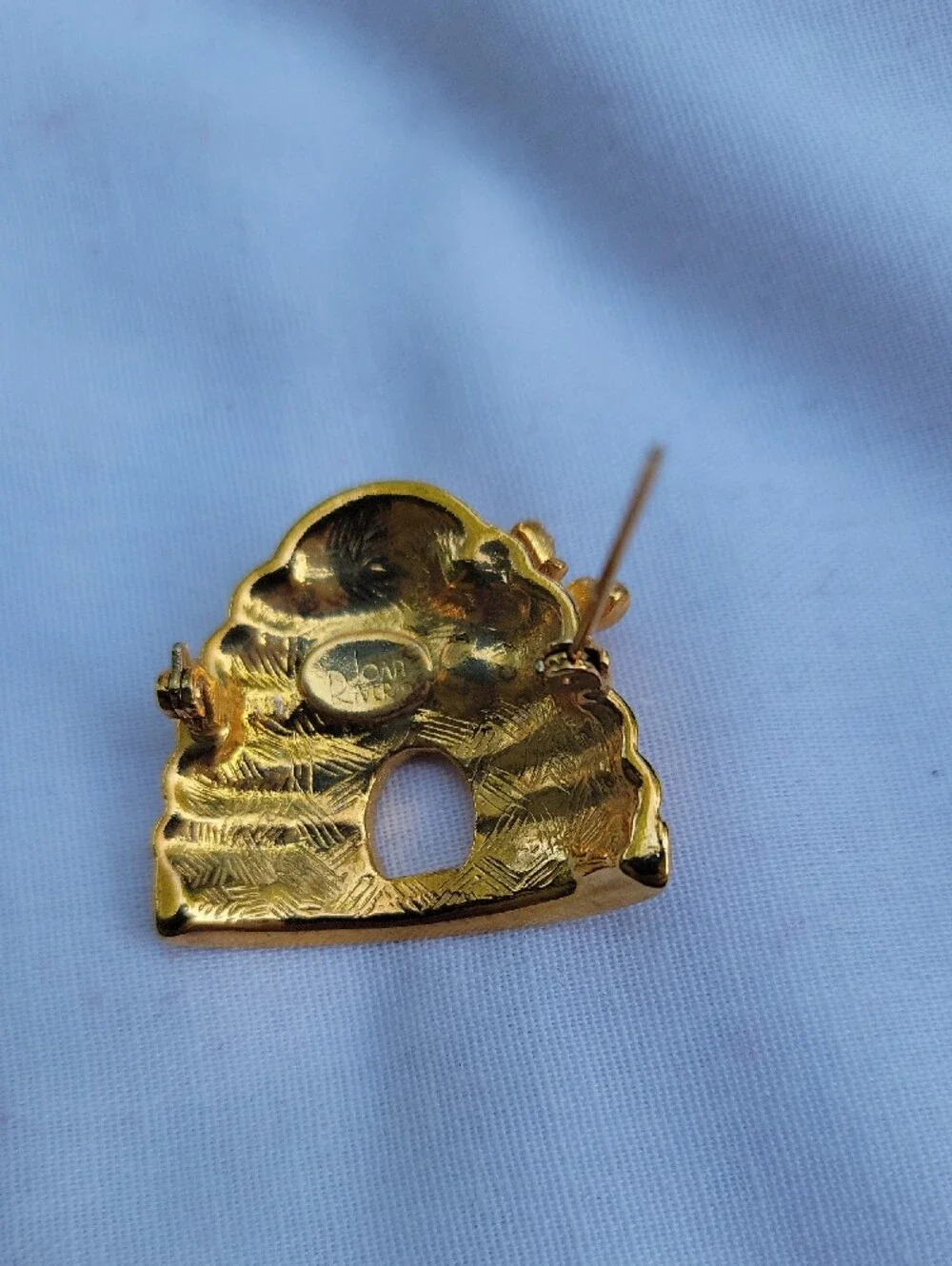 Vintage Joan Rivers Gold -Tone  Bee Hive Brooch with Clear and Green Accents